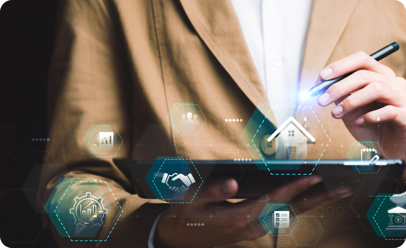 Profissional utilizando tablet com interface tecnológica